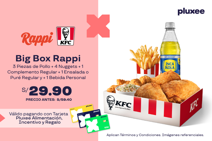 BIG BOX RAPPI: 3 PIEZAS DE POLLO + 4 NUGGETS + 1 COMPLEMENTO REGULAR + 1 ENSALADA O PURÉ REGULAR Y + BEBIDA PERSONAL A S/.29.90